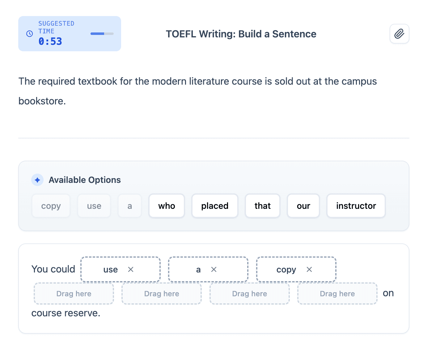 TOEFL Writing: Build a Sentence practice question on Arno